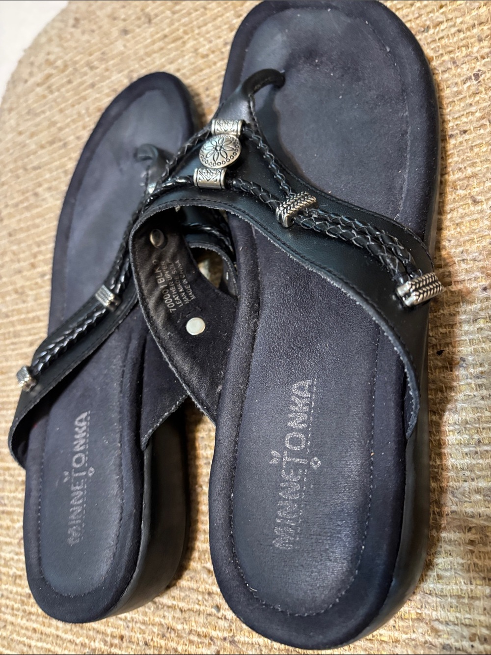 Minnetonka Black Braided Thong Sandals with Silver Accent Beads